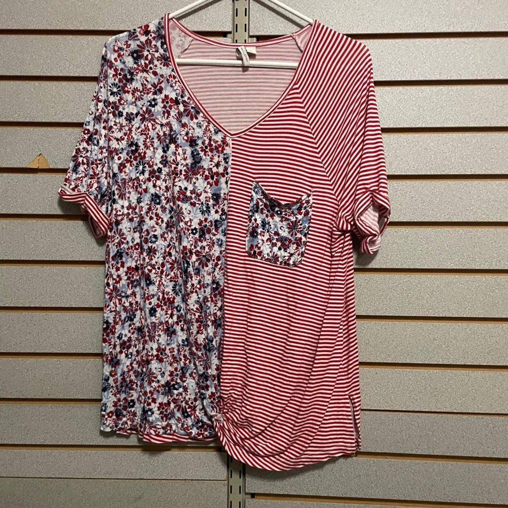 Live Well Lifestyle Womens Mixed Floral Striped V-Neck Knot Top Red White Large‎